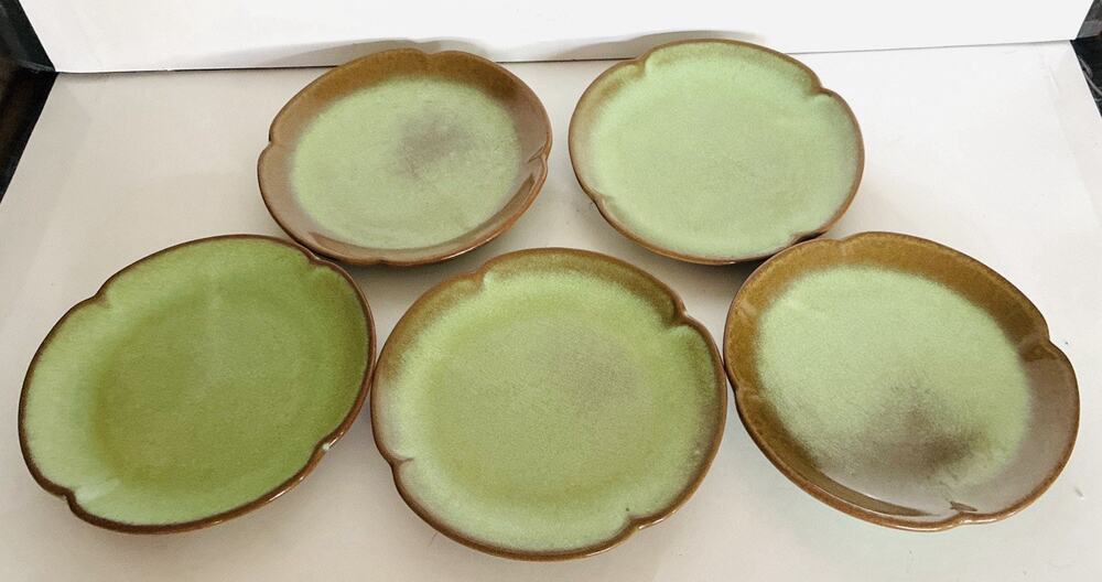 Five Vintage Frankoma Plainsman 5G Scalloped Dessert, Bread, Cake Grn Brn Plates